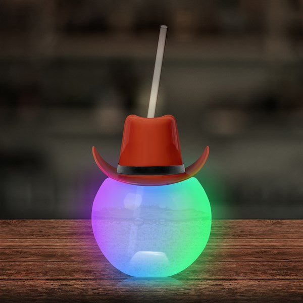 LED Brown Cowboy Hat Ball Cup with Straw